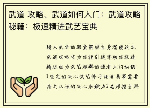 武道 攻略、武道如何入门：武道攻略秘籍：极速精进武艺宝典