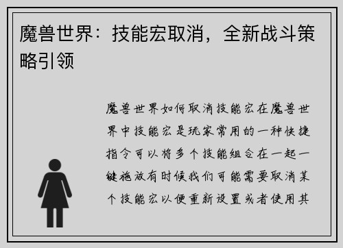 魔兽世界：技能宏取消，全新战斗策略引领