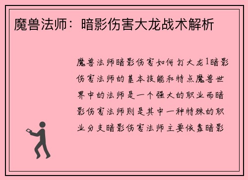 魔兽法师：暗影伤害大龙战术解析